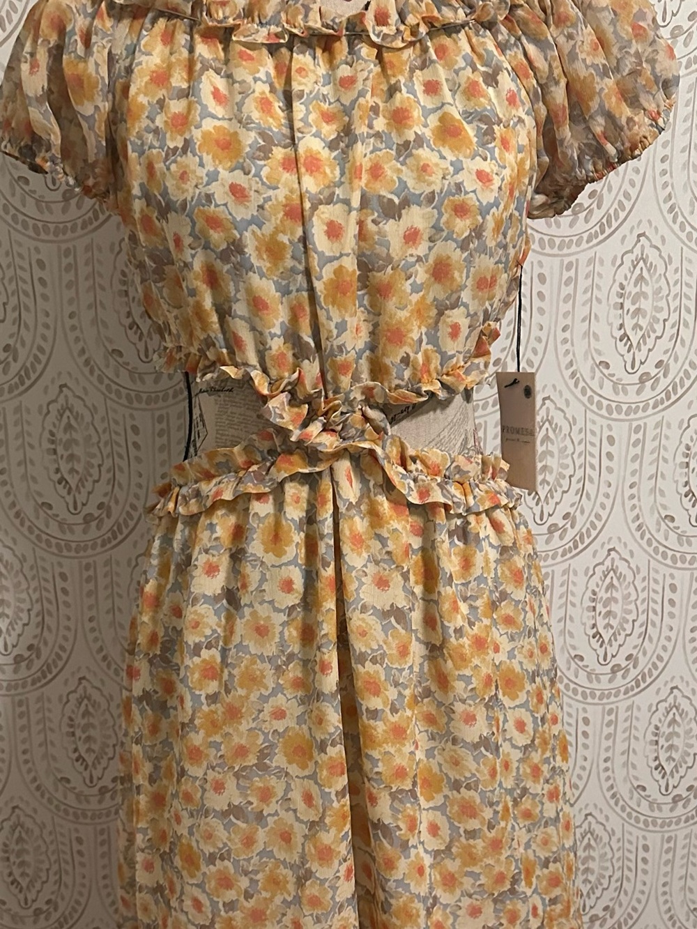 Promesa Yellow Floral Midi Dress with Ruffle Waist